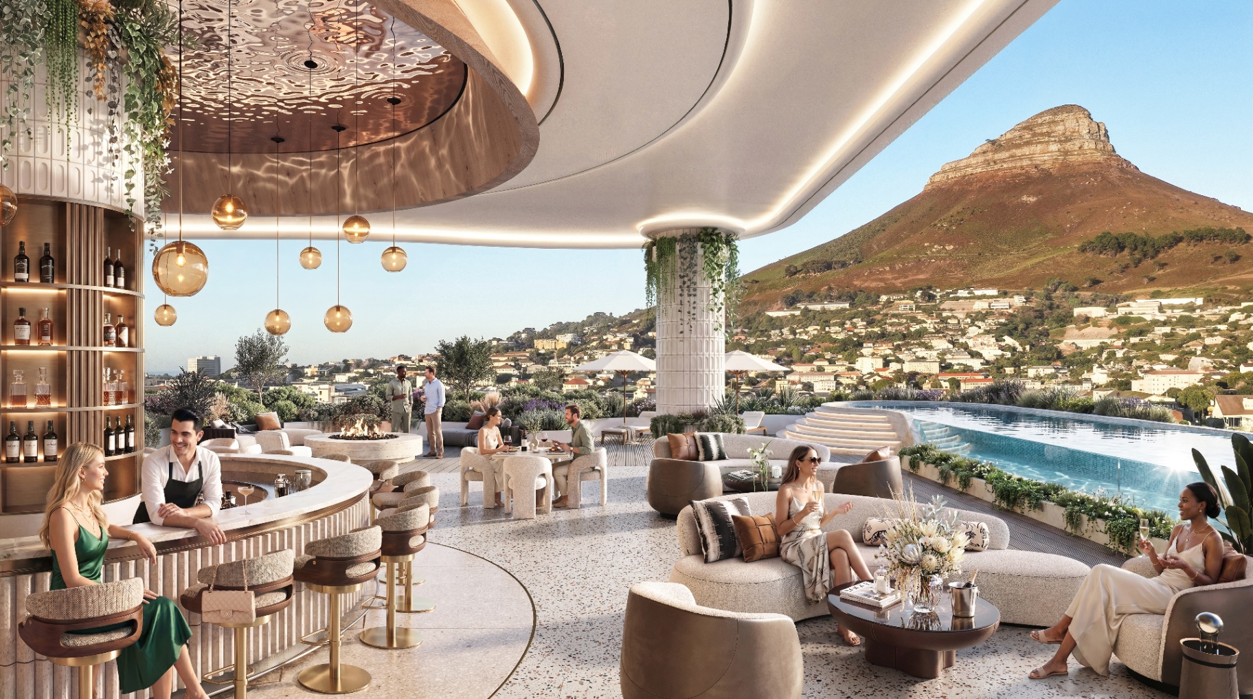 Rooftop clubhouse with bar and infinity pool