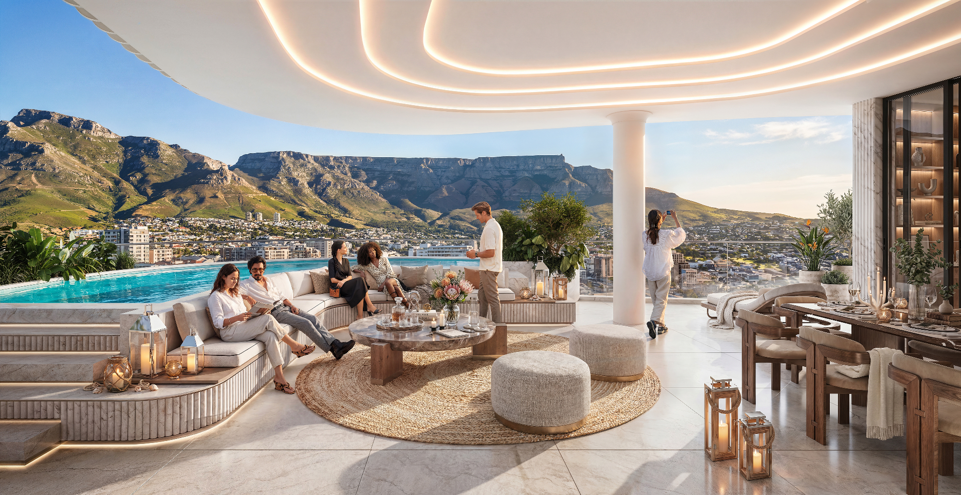 Rooftop terrace with pool overlooking Table Mountain