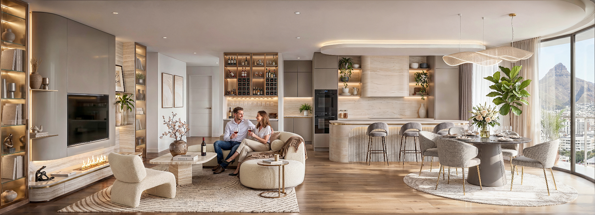 Simplex interior with living, bar and dining